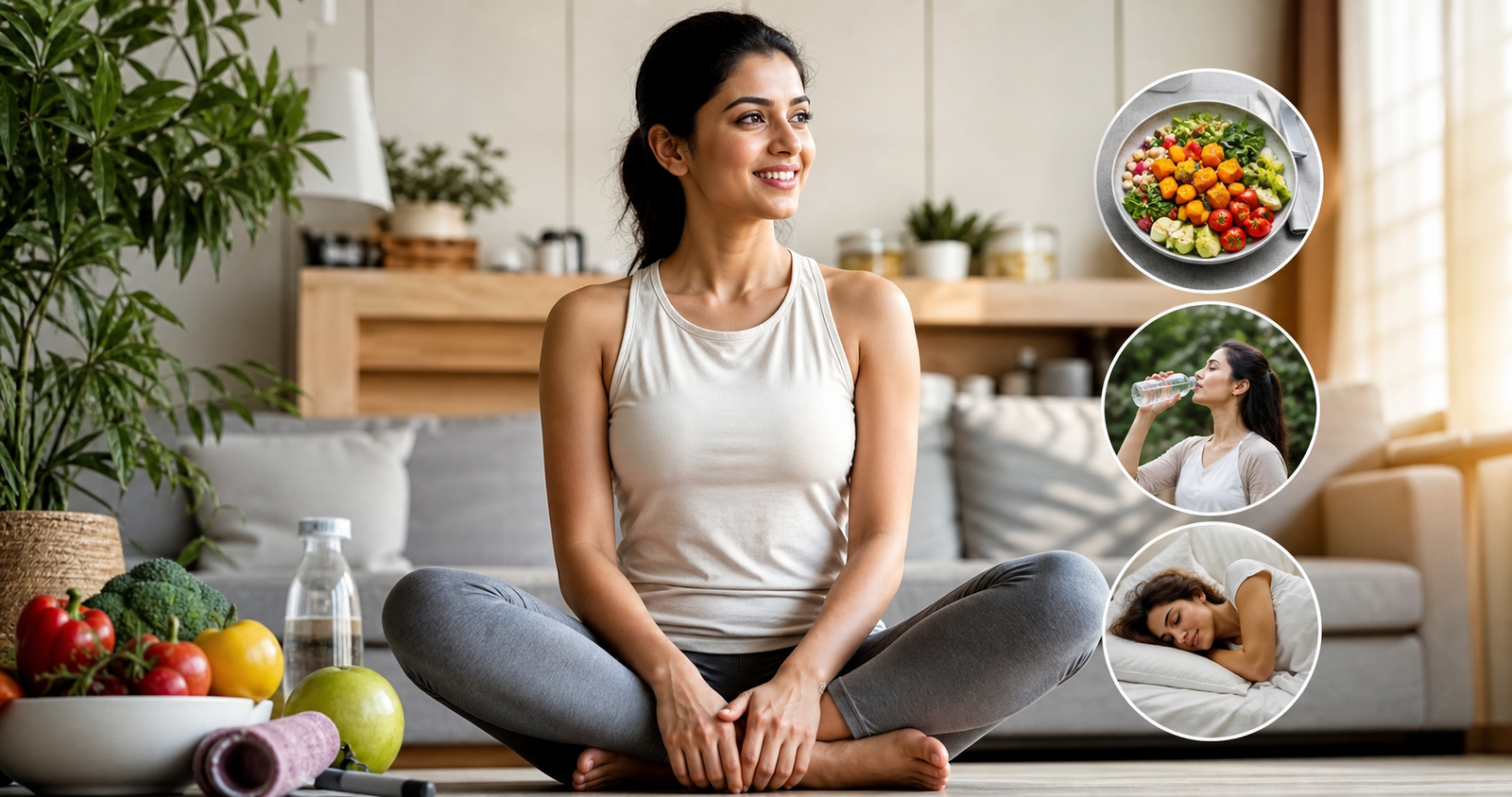A serene, cinematic portrait of a diverse group of Indian women of different ages engaging in healthy daily habits like drinking water, doing gentle yoga, and sharing nutritious meals together in a warm, natural light-filled home setting, emphasizing wellness, self-care, and balance amid everyday life.