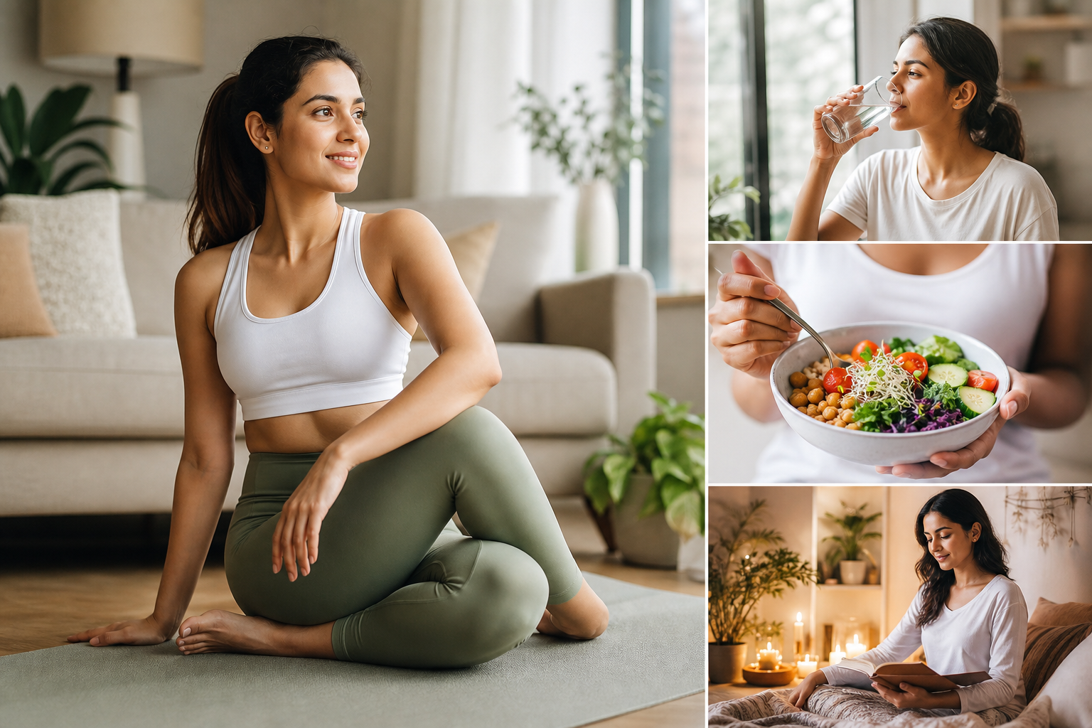 A serene, cinematic shot of a confident Indian woman in casual athleisure gently stretching or practicing yoga in a sunlit, cozy home environment surrounded by healthy foods like fresh vegetables, fruits, and a glass of water, conveying balanced wellness, self-care, and positive daily habits.